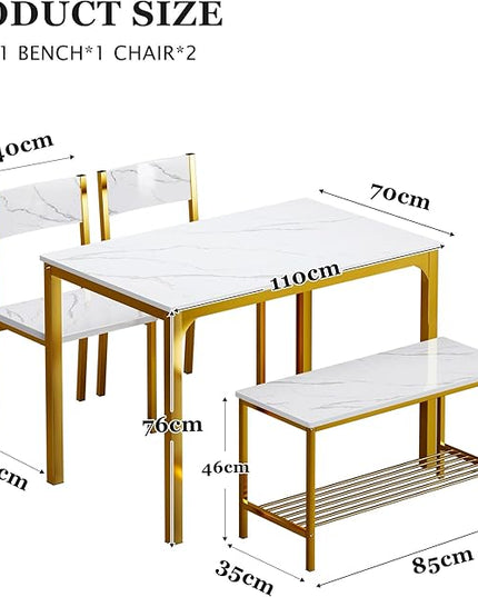 sogesfurniture Modern 4-Piece Kitchen Dining Table Set with 1 Bench and 2 Chairs, Kitchen Bench Table Set for 4, Wooden Kitchen Table and Chairs for Limited Space,Gold - LeafyLoom