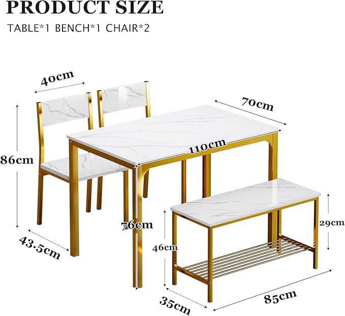 sogesfurniture Modern 4-Piece Kitchen Dining Table Set with 1 Bench and 2 Chairs, Kitchen Bench Table Set for 4, Wooden Kitchen Table and Chairs for Limited Space,Gold - LeafyLoom