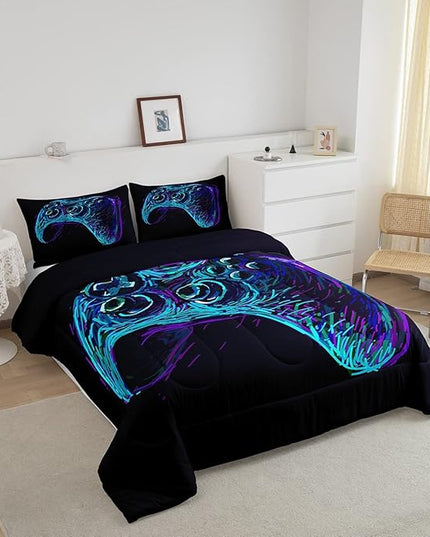 Gamer Comforter Set for Boys Teens Blue and Black Gaming Bedding Set Video Game Bedding Home Decor for Kids Comforter Full Size 3 Pieces Gamepad Quilted Duvet Set 1 Comforter with 2 Pillowcases - LeafyLoom