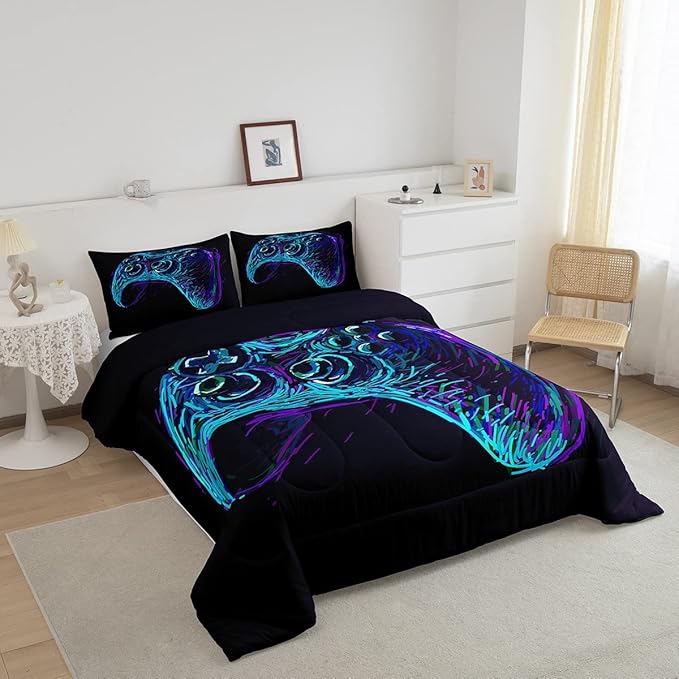 Gamer Comforter Set for Boys Teens Blue and Black Gaming Bedding Set Video Game Bedding Home Decor for Kids Comforter Full Size 3 Pieces Gamepad Quilted Duvet Set 1 Comforter with 2 Pillowcases - LeafyLoom