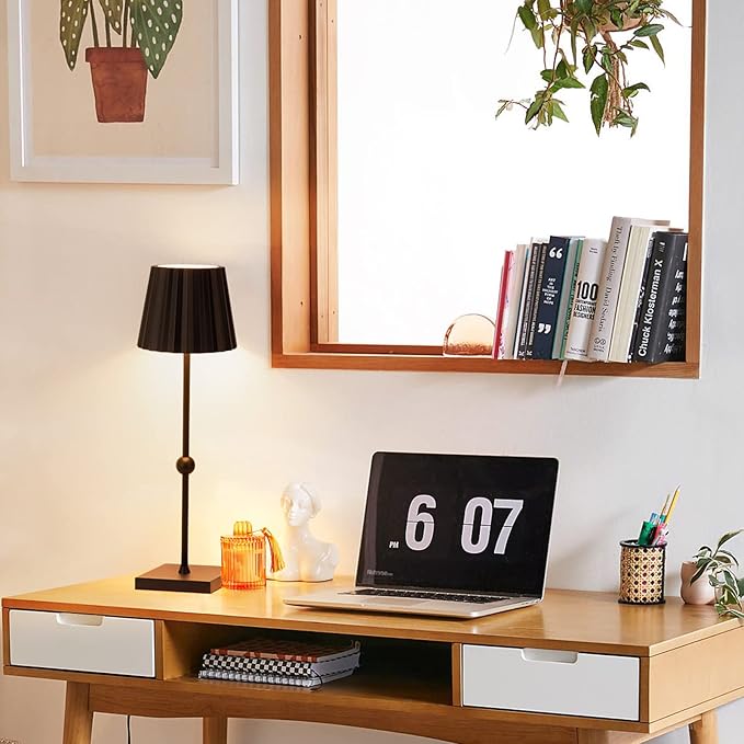 GGOYING Cordless Table Lamp,5200mAh Battery Operated Rechargeable LED Desk Lamp 3 Color Stepless Dimming, Minimalist Portable Night Light(Black) - LeafyLoom
