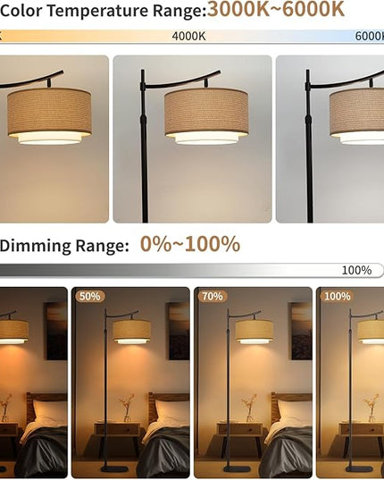 Arc Boho Farmhouse Black Floor Lamp, Standing Lamp with Rattan & Fabric Double Shade with Remote Control, Dimmable LED Bulb with 6 Color Temperature, Tall Pole for Living Room Bedroom Corner Office - LeafyLoom