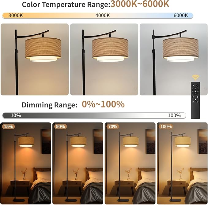Arc Boho Farmhouse Black Floor Lamp, Standing Lamp with Rattan & Fabric Double Shade with Remote Control, Dimmable LED Bulb with 6 Color Temperature, Tall Pole for Living Room Bedroom Corner Office - LeafyLoom