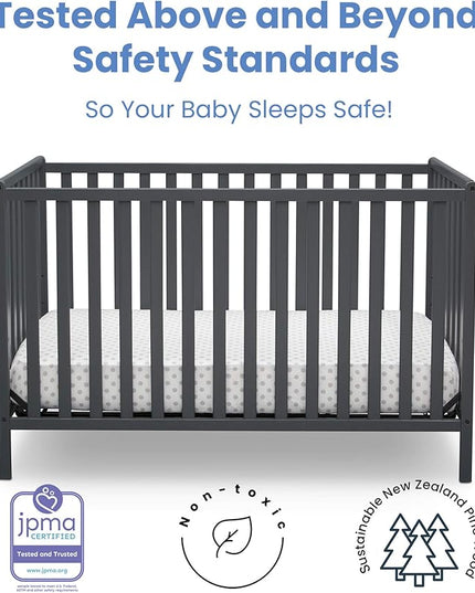 Delta Children Heartland 4-in-1 Convertible Crib, Charcoal Grey + Delta Children Twinkle Galaxy Dual Sided Recycled Fiber Core Crib and Toddler Mattress (Bundle) - LeafyLoom