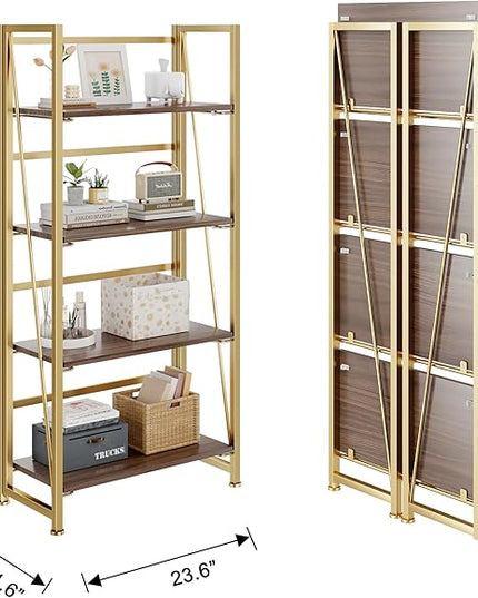 No-Assembly Folding Gold Bookshelf Storage Shelves 4 Tiers Vintage Multifunctional Plant Flower Stand Storage Rack Shelves Bookcase for Home Office - LeafyLoom