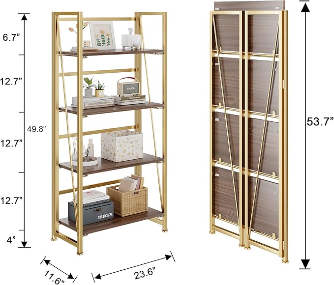 No-Assembly Folding Gold Bookshelf Storage Shelves 4 Tiers Vintage Multifunctional Plant Flower Stand Storage Rack Shelves Bookcase for Home Office - LeafyLoom