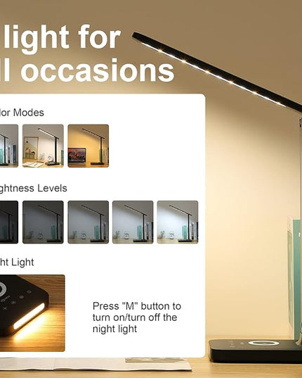 VAVOFO LED Desk Lamp with Fast Charger, USB Charging Port, Desk Light for Home Office with 5 Brightness Levels, Touch Control, 30/60 min Auto Timer, Eye-Caring Dimmable Table Lamp with Adapter - LeafyLoom