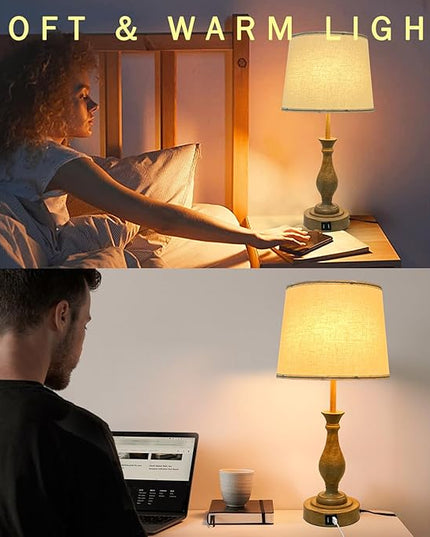 Farmhouse Table Lamp Touch Control 3-Way Dimmable Table Lamp, Modern Nightstand Lamp with 2 USB Port Bedside Desk Lamp with Fabric Shade for Living Room Bedroom Hotel (Pack-01A) - LeafyLoom
