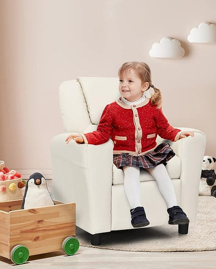 ARLIME Kids Recliner chair, toddler Armchair Upholstered Couch with Cup Holder, Backrest, baby Leather sofa with Headrest and Footrest, Child Furniture for Ages 2-7 (Beige) - LeafyLoom