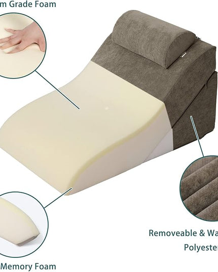 baibu 20 in Bed Wedge Pillow Set Foam | Adjustable Pillows for Back, Leg and Knee Pain Relief | Post Surgery Ortho Pillow – Anti Snoring, Heartburn, Acid Reflux & GRED (Brown) - LeafyLoom