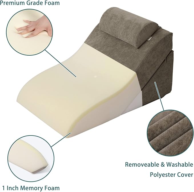baibu 20 in Bed Wedge Pillow Set Foam | Adjustable Pillows for Back, Leg and Knee Pain Relief | Post Surgery Ortho Pillow – Anti Snoring, Heartburn, Acid Reflux & GRED (Brown) - LeafyLoom
