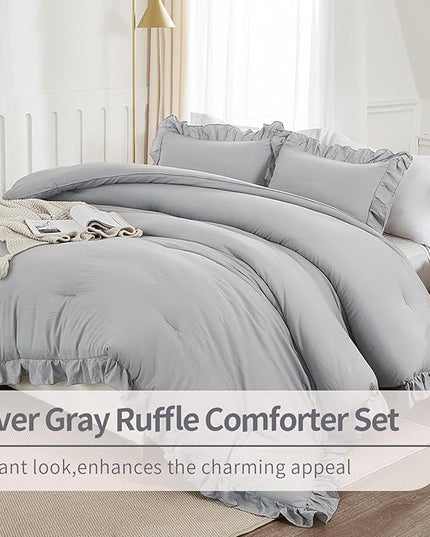 Andency Silver Gray Comforter Set Queen Size, 3 Pieces Shabby Chic Ruffle Bedding Comforter Sets for Queen Bed, Lightweight Fluffy Soft Microfiber Farmhouse Comforter Set - LeafyLoom