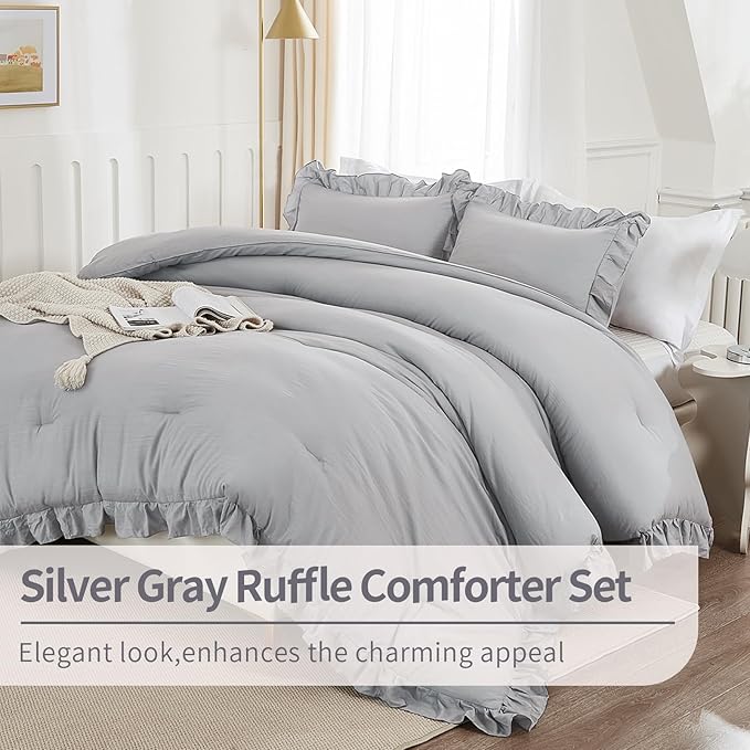 Andency Silver Gray Twin Size Comforter, 2 Pieces Farmhouse Classic Chic Ruffle Comforter for Kids, Lighteweight Soft Microfiber Bedding Set for Girls(1 Ruffle Comforter and 1 Pillowcase) - LeafyLoom