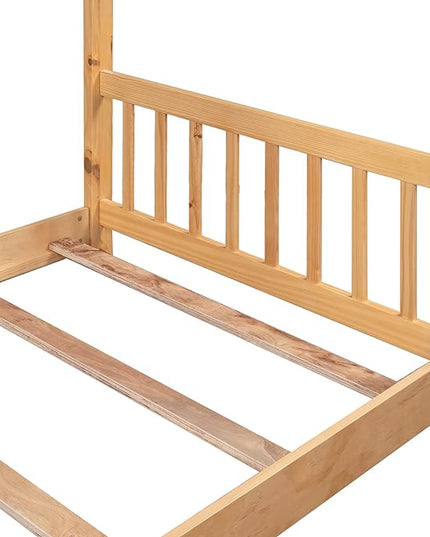 Montessori Floor Bed Frame Twin Size, Twin Floor Bed with Headboard and Footboard, Low House Bed for Girls, Kids, Boys, No Box Spring Needed, Natural Montessori Bed Twin Size - LeafyLoom