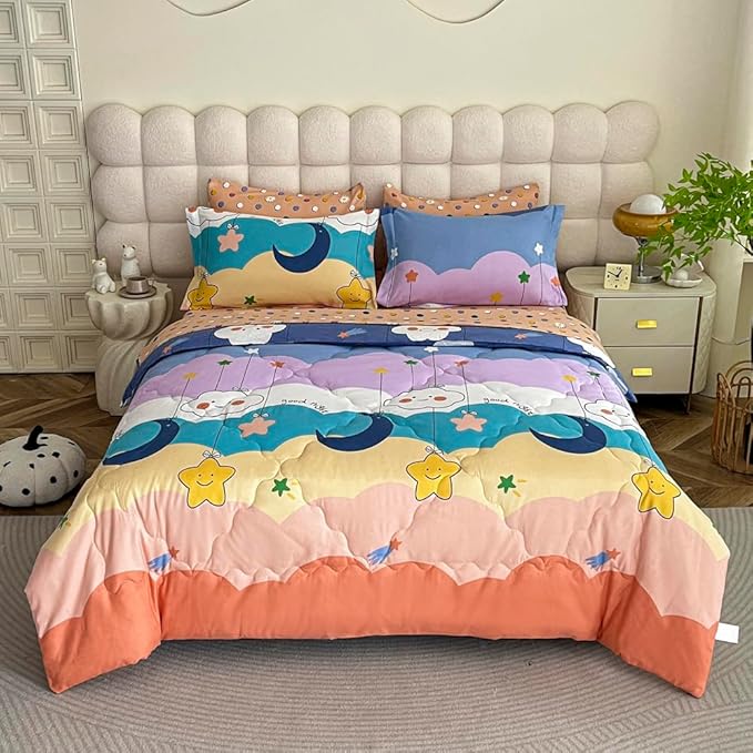 Kids Moon Stars Cloud Comforter Set Twin size - 7 Piece Rainbow Kawaii Bedding Set Bed in A Bag for Girls Boys Teens - Goodnight Moon Neutral Soft Comfortable Machine Washable Bed Set - LeafyLoom