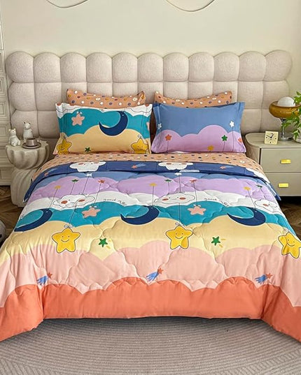 Kids Moon Stars Cloud Comforter Set Full size - 7 Piece Rainbow Kawaii Bedding Set Bed in A Bag for Girls Boys Teens - Goodnight Moon Neutral Soft Comfortable Machine Washable Bed Set - LeafyLoom