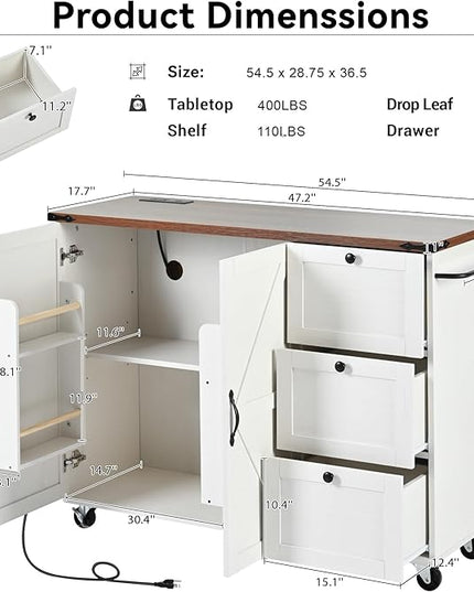 54.5" Farmhouse Island with Power Outlet & Drop Leaf, Rolling Kitchen Cart on Wheels w/Internal Storage, Spice, Towel Rack and Drawers, for Home, Dining Room, White, 54.5 Inch - LeafyLoom