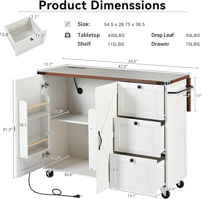 54.5" Farmhouse Island with Power Outlet & Drop Leaf, Rolling Kitchen Cart on Wheels w/Internal Storage, Spice, Towel Rack and Drawers, for Home, Dining Room, White, 54.5 Inch - LeafyLoom