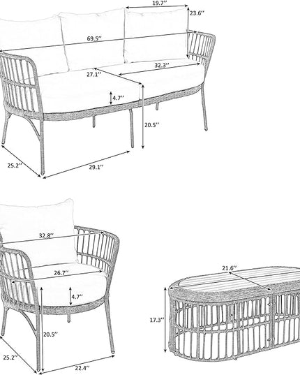 Furniture 4-Piece Outdoor Patio Conversation Seating for 5 Person and Coffee Table, Rattan Chair Wicker Sofa Bistro Sets for Porch, Backyard and Garden, Grey - LeafyLoom