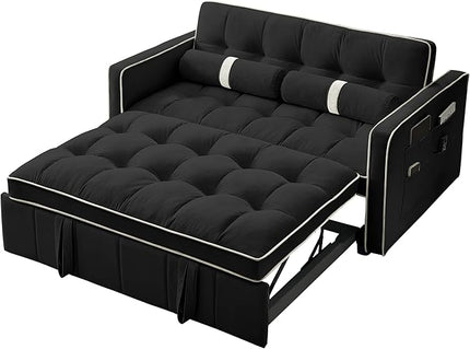 3 in 1 Tufted Sleeper Sofa Cylindrical Pillows,Modern Convertible Loveseat Sofá W Pull Out Sleep Couch Bed and Side Pockets,Velvet Upholstered Love Seat Sofabed for Living Room, 55.5", Black1 - LeafyLoom