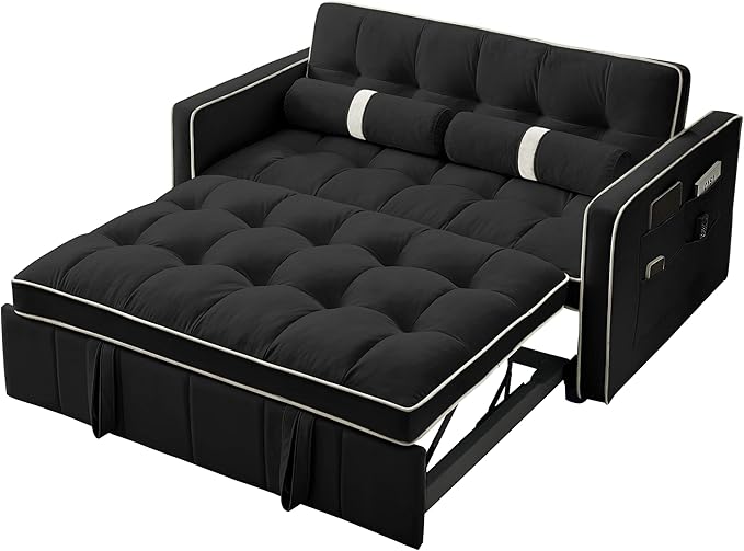 3 in 1 Tufted Sleeper Sofa Cylindrical Pillows,Modern Convertible Loveseat Sofá W Pull Out Sleep Couch Bed and Side Pockets,Velvet Upholstered Love Seat Sofabed for Living Room, 55.5", Black1 - LeafyLoom