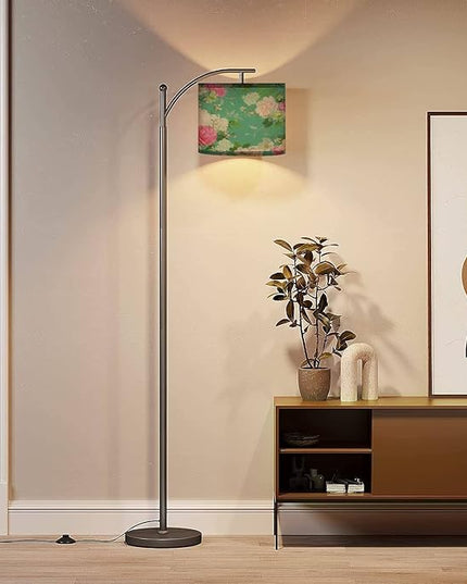 Modern Arc Floor Lamp with Dimmer Mid Century Beautiful Seamless Spring Roses Peony Orchid Succulents Metal Standing Lamp with Linen Shade Footswitch for Living Room Bedroom Office - LeafyLoom