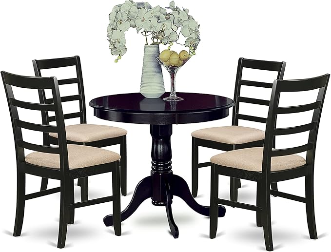 East West Furniture ANPF5-CAP-C 5 Piece Set Includes a Round Kitchen Table with Pedestal and 4 Linen Fabric Upholstered Dining Chairs, 36x36 Inch - LeafyLoom