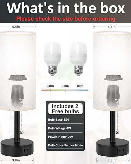 Bedside Table Lamps Set of 2 - 3 Color Temperatures Pull Chain Lamp with AC Outlet Charging Port, Two Round Night Stand Lamps for Bedroom Guest Room Office, Small Bed Side Light with E26 LED Bulbs - LeafyLoom