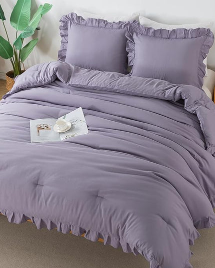 Andency Grayish Lavender Purple Queen Comforter Set, 3 Pieces Solid Ruffle Bedding Comforter Sets for Queen Bed, Lightweight Fluffy Soft Microfiber All Season Bedding Set - LeafyLoom