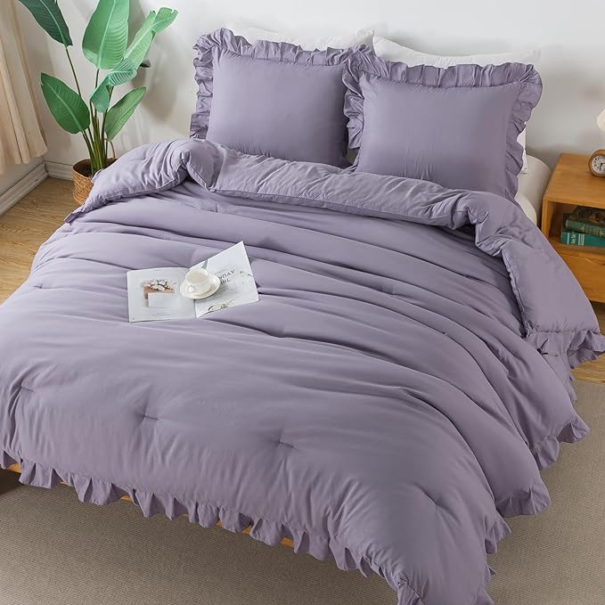 Andency Grayish Lavender Purple Queen Comforter Set, 3 Pieces Solid Ruffle Bedding Comforter Sets for Queen Bed, Lightweight Fluffy Soft Microfiber All Season Bedding Set - LeafyLoom
