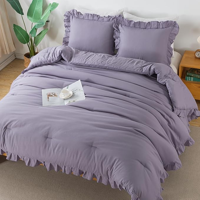 Andency Purple Twin Size Comforter(66x90Inch), 2 Pieces(1 Ruffle Comforter and 1 Pillowcase) Solid Farmhouse Shabby Chic Comforter, Lighteweight and Soft Microfiber Bedding Set - LeafyLoom