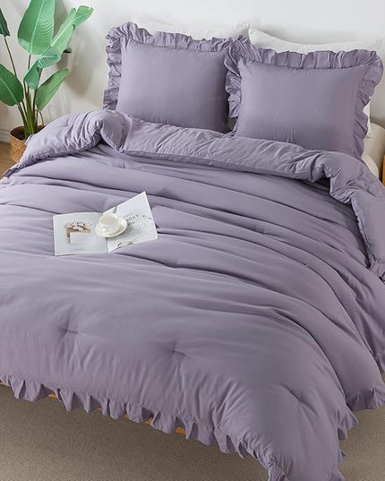 Andency Grayish Lavender Purple King Comforter Set, 3 Pieces Solid Ruffle Bedding Set & Collections, Lightweight Fluffy Soft Microfiber All Season Shabby Chic Bedding Set - LeafyLoom