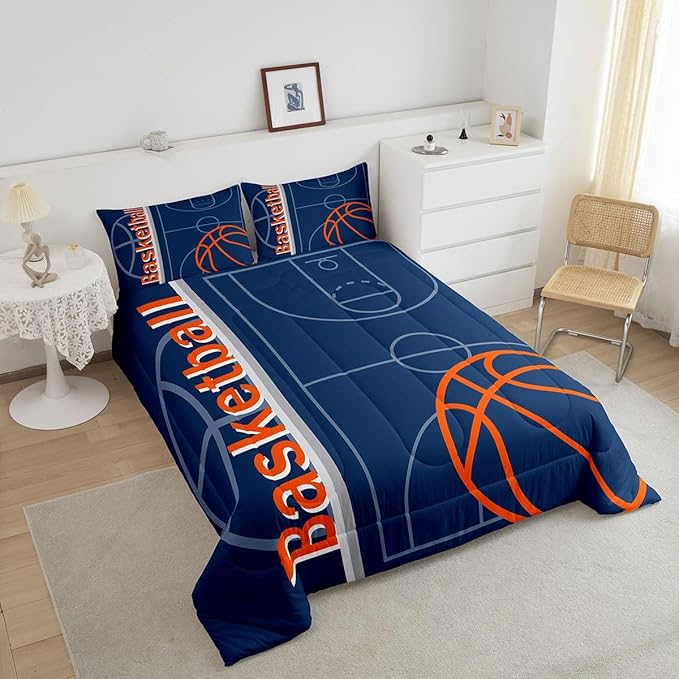 Feelyou Basketball Bedding Set King Size Gaming Sports Comforter Set for Kids Boys Girls Decor Ball Games Comforter Basketball Lover Duvet Set Bedroom Quilt Set - LeafyLoom