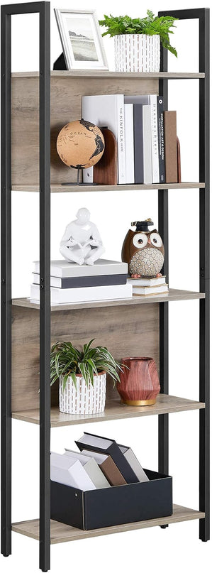 VASAGLE 5-Tier Bookshelf, Book Shelf, Industrial Bookcase, with Steel Frame, for Living Room, Home Office, Bedroom, 9.4 x 24.4 x 65 Inches, Greige and Black ULLS025B02 - LeafyLoom