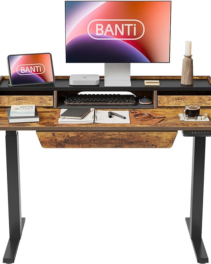 BANTI Height Adjustable Electric Standing Desk with Three Drawers, 48 x 25 Inch Table with Storage Shelf, Sit Stand Desk with Storage Space, Splice Board with Black Frame/Rustic Brown Top - LeafyLoom