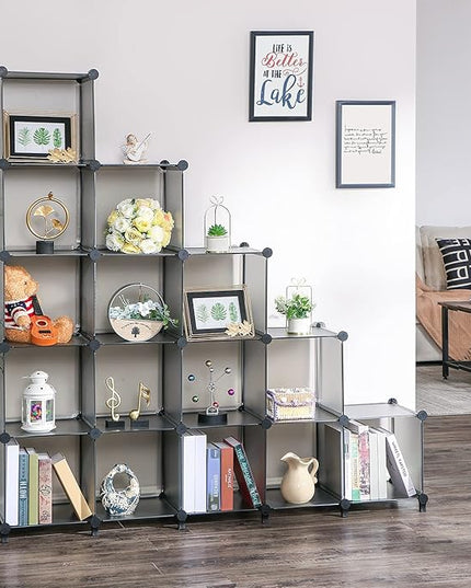 ANWBROAD Cube Storage Organizer, 16-Cube Cubby Shelving Book Shelf Living Room, Closet Clothes organizers, Kids Toys Craft Yarn Storage with Rubber Hammer for Bedroom Office Gray ULCS016H - LeafyLoom