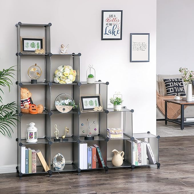 ANWBROAD Cube Storage Organizer, 16-Cube Cubby Shelving Book Shelf Living Room, Closet Clothes organizers, Kids Toys Craft Yarn Storage with Rubber Hammer for Bedroom Office Gray ULCS016H - LeafyLoom