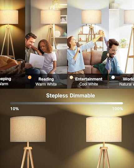 OUTON Wood Tripod Floor Lamp with Shelves, Mid Century Dimmable Floor Lamp with Remote Control, LED Tall Standing Lamp for Living Room Bedroom Office (Yellow Oak) - LeafyLoom