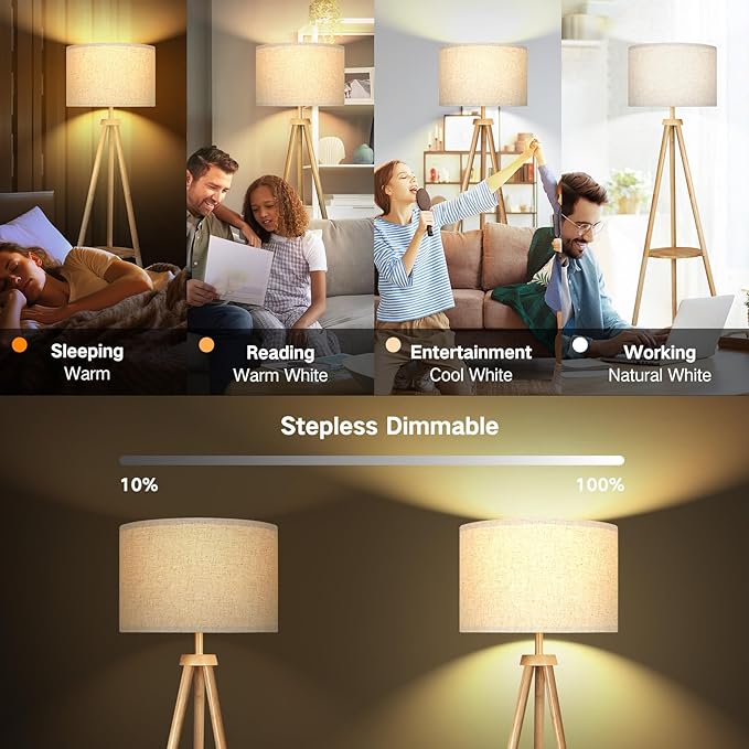 OUTON Wood Tripod Floor Lamp with Shelves, Mid Century Dimmable Floor Lamp with Remote Control, LED Tall Standing Lamp for Living Room Bedroom Office (Yellow Oak) - LeafyLoom