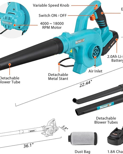 Berserker 20V Leaf Blower Cordless 2.0Ah Battery Operated and Charger Included,2-in-1 Compact Electric Powered Handheld Lightweight Variable-Speed Yard Vacuum for Lawn Care,Snow Blowing,Dust Cleaning - LeafyLoom