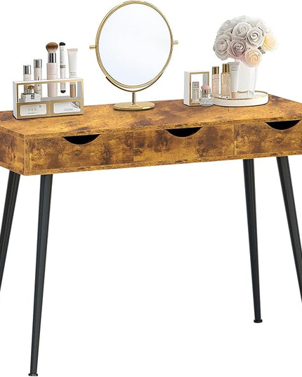 sogesfurniture Mid Century Writing Computer Desk with 3 Drawers, Makeup Vanity Table, 43.3'' Writing Study Desk for Home Office, Dressing Table, Rustic Brown - LeafyLoom