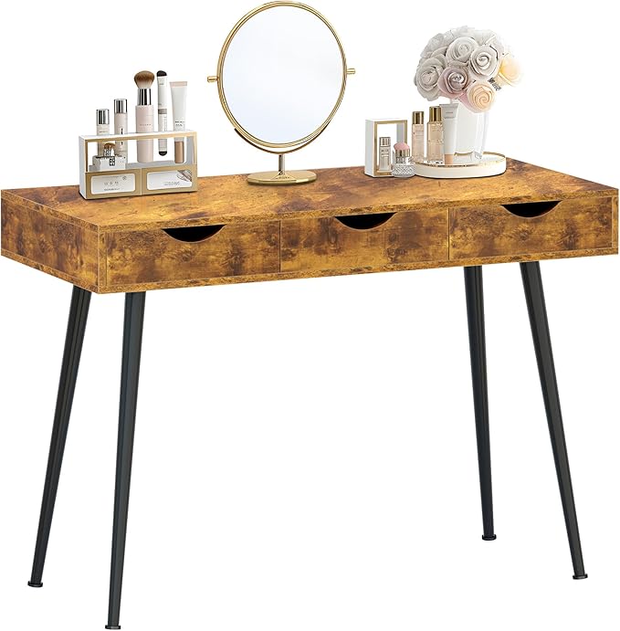 sogesfurniture Mid Century Writing Computer Desk with 3 Drawers, Makeup Vanity Table, 43.3'' Writing Study Desk for Home Office, Dressing Table, Rustic Brown - LeafyLoom