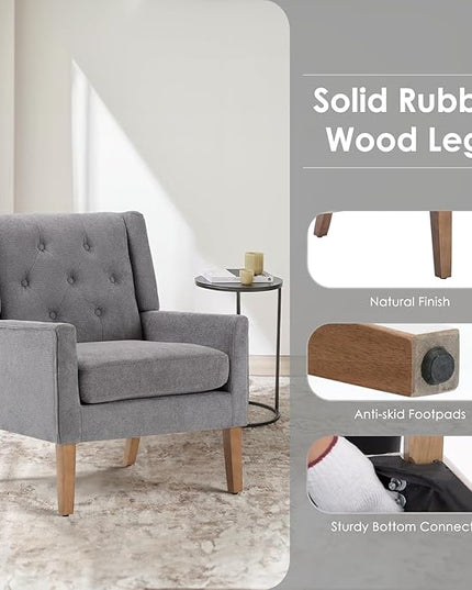 COLAMY Mid-Century Accent Chairs, Modern Wingback Living Room Chair, Upholstered Armchair with Button Tufted Back and Wood Legs for Bedroom/Office/Reading Spaces, Grey - LeafyLoom