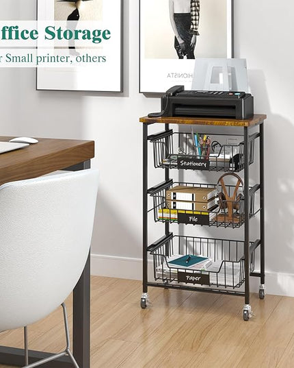 Kitchen Storage Cart with Wheels, 4-Tier Metal Utility Rolling Cart Fruit Vegetable Storage Basket Pantry Rack with Wood Top & Pull Out Baskets for Kitchen, Livingroom, Diningroom, Office - LeafyLoom