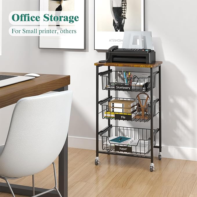Kitchen Storage Cart with Wheels, 4-Tier Metal Utility Rolling Cart Fruit Vegetable Storage Basket Pantry Rack with Wood Top & Pull Out Baskets for Kitchen, Livingroom, Diningroom, Office - LeafyLoom