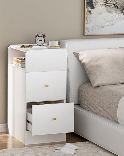 White Nightstand with Two Drawers,Chest of Drawers for Bedroom with Side Opening Storage Rack,3 Tiers Modern Night Table for Bedroom Storage Furniture (Round Corner) - LeafyLoom