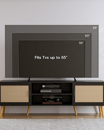 TV Stand for TVs up to 65'', Entertainment Center with Rattan Door, Shelves & 2 Cabinets, Boho Media TV Console for Living Room, Bedroom, Black - LeafyLoom