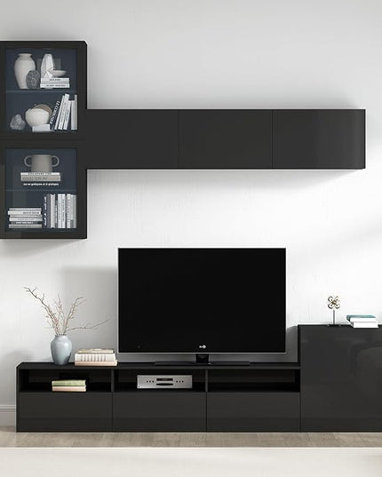 Merax High Gloss TV Stand with Wall Mounted Floating Storage Cabinets, Media Console for Television Up to 75" Versatile Entertainment Center, for Living Room, 93 inch Length, Black - LeafyLoom