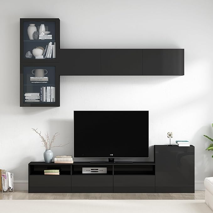 Merax High Gloss TV Stand with Wall Mounted Floating Storage Cabinets, Media Console for Television Up to 75" Versatile Entertainment Center, for Living Room, 93 inch Length, Black - LeafyLoom