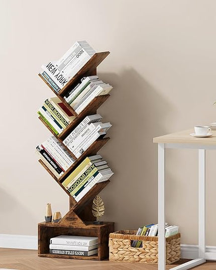 Vagusicc 6 Tier Tree Bookshelf, Modern Floor Standing Bookcase with Storage Drawer, Tall Wood Book Storage Rack for CDs/Books, Utility Book Organizer Shelves for Bedroom/Living Room/Home Office/Corner - LeafyLoom
